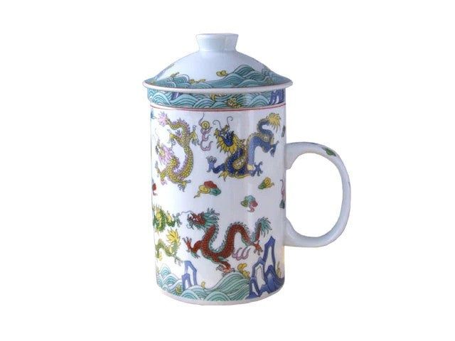 White mug with cap and dragon design