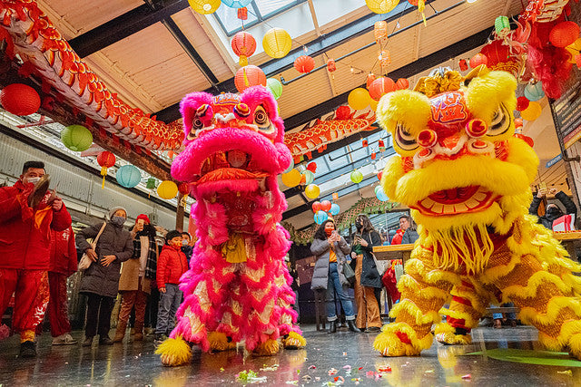 Lion dancers on main concourse of Chelsea Market