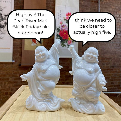 Two white Buddha figurines with speech bubbles