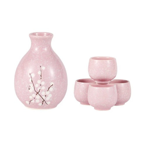 Pink plum blossom sake bottle with four cups