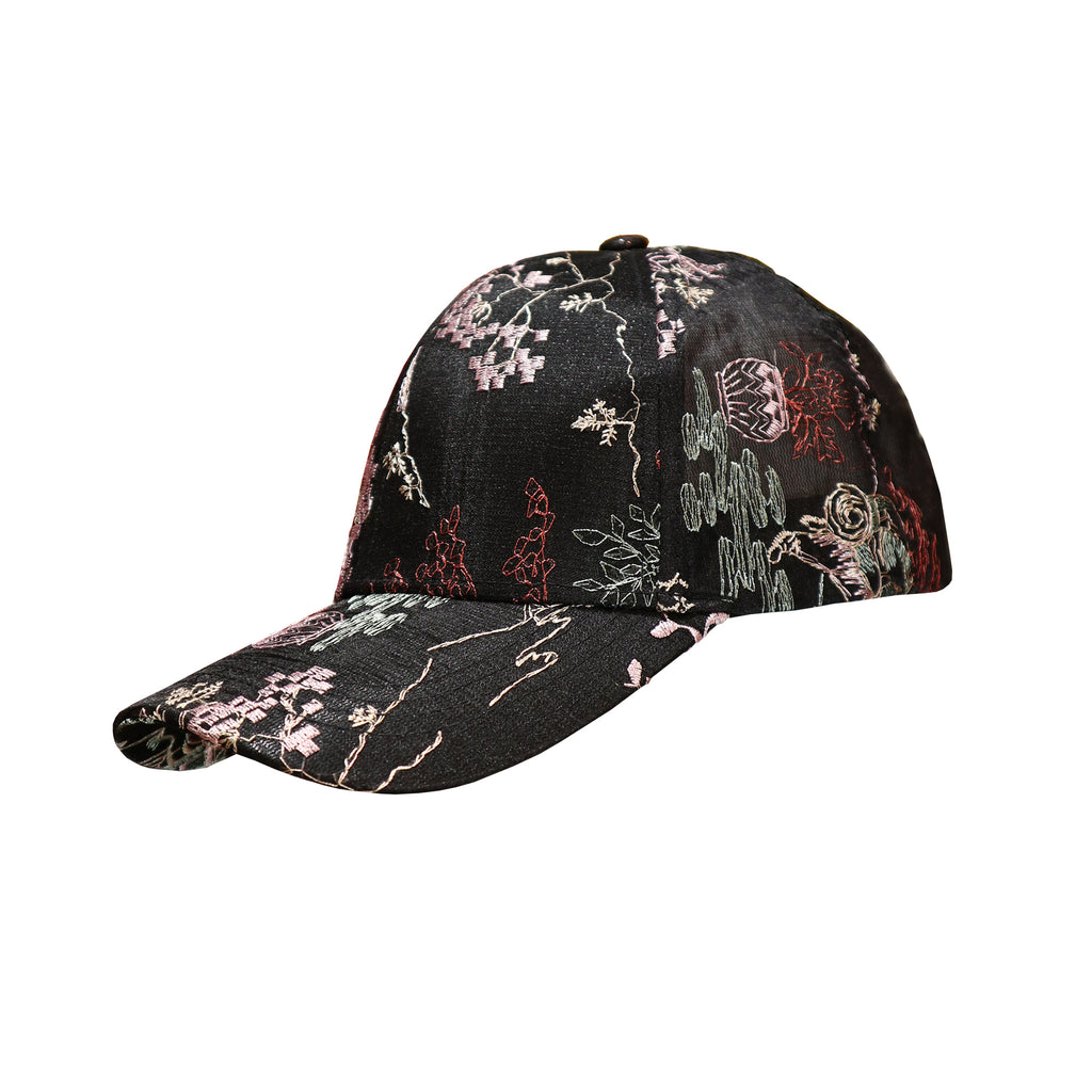 Cap with Embroidered Floral Design - Onyx