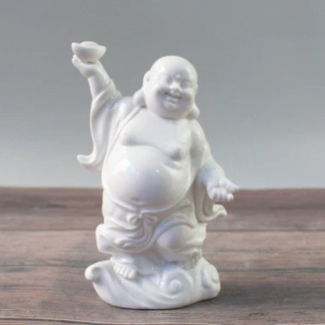 White Ceramic Buddha with Ingot - 6" H