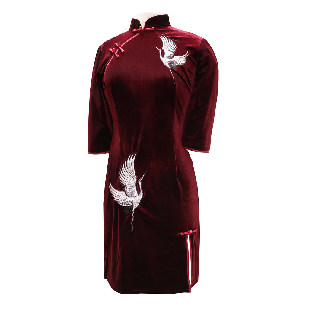 Crane Velvet Qipao - Burgundy