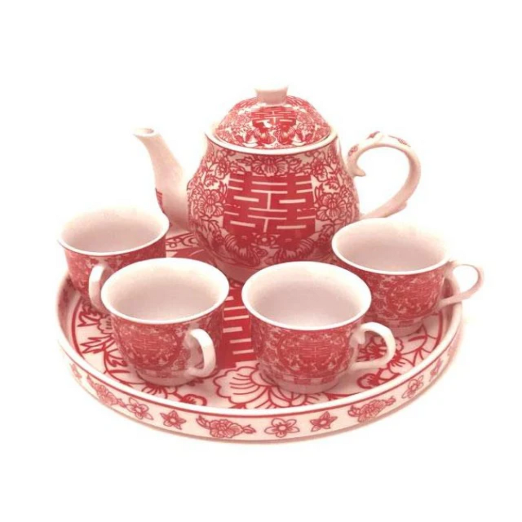 Double Happiness Design Ceramic Tea Set with Tray