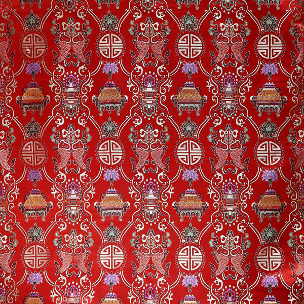 Double Fish Brocade Fabric - Red