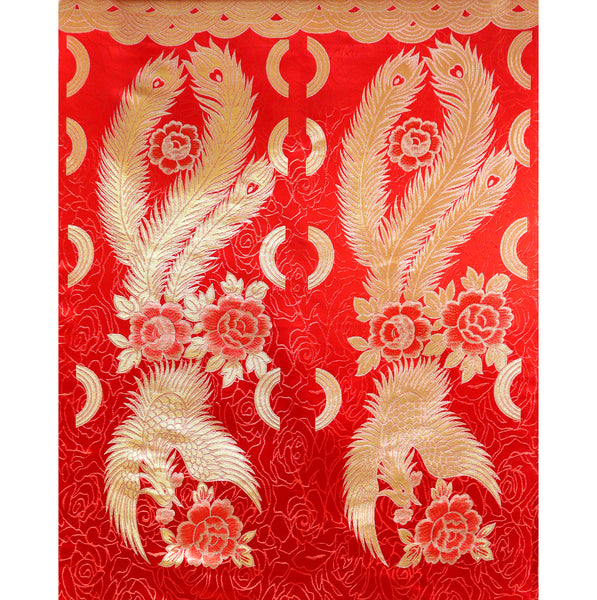 Golden Phoenix with Peony & Rings Design Brocade Fabric - Red