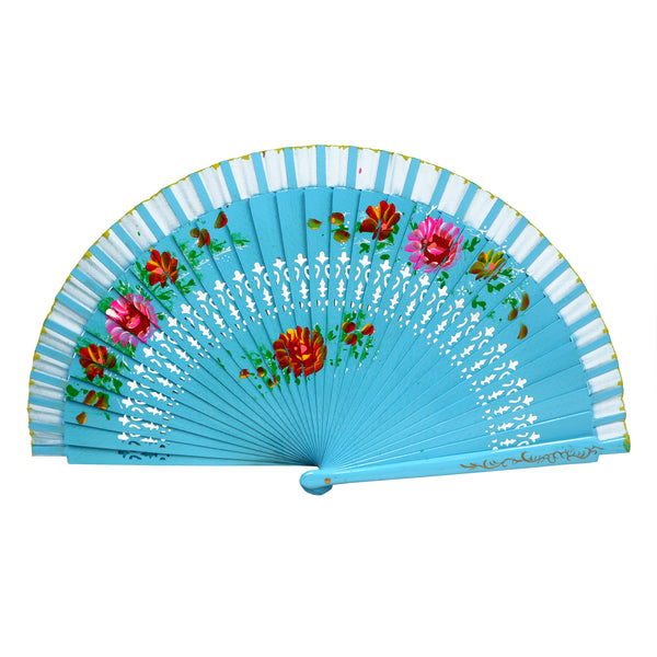 Painted Floral Wooden Spanish-Style Hand Fan Aqua