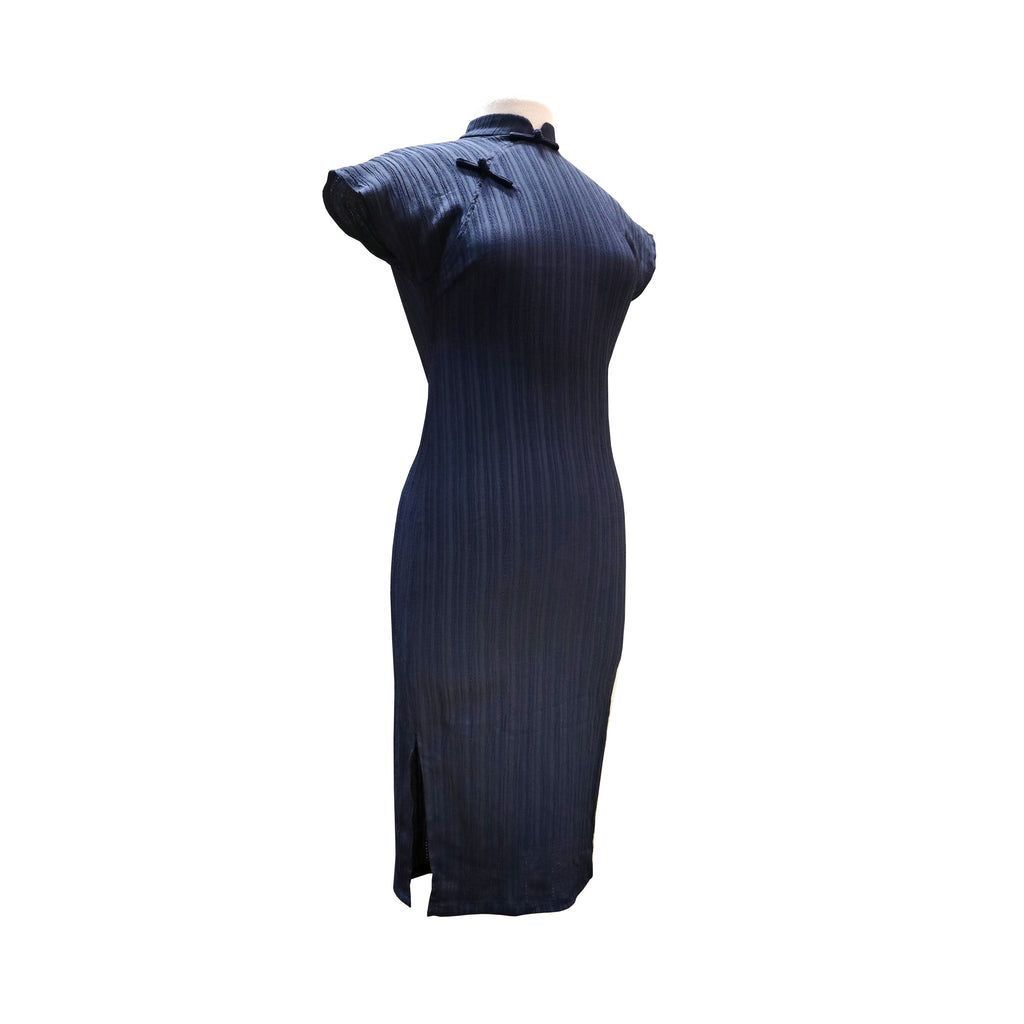 Flutter Sleeve Ribbed Qipao - Navy