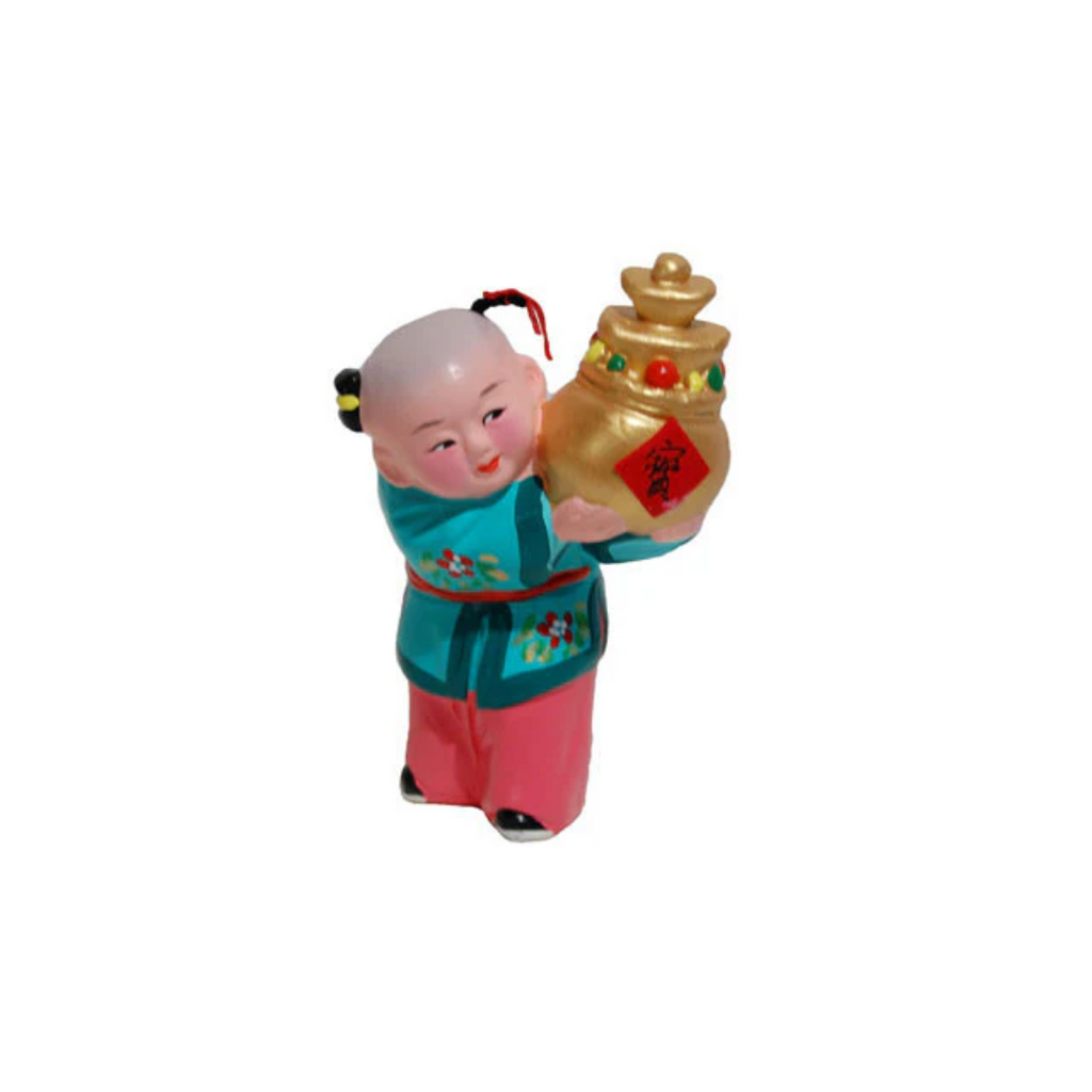 Hand Painted Clay Figurine (D) - Boy Holding Prosperity Gold Jar