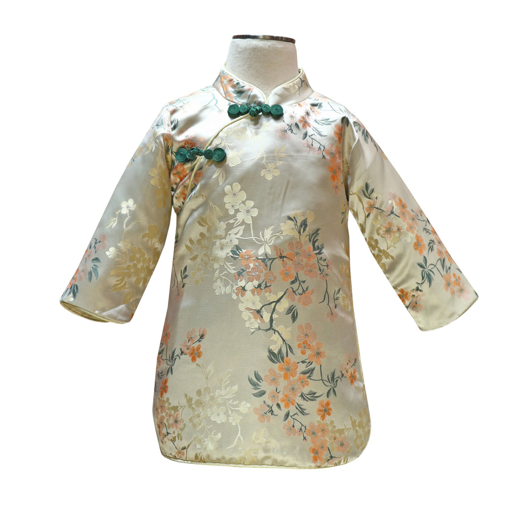 Girls Long Sleeve Printed A-Line Qipao - Light Gold