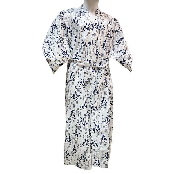 Ankle-Length Cotton Kimono Robe with Blue Chinese Calligraphy - White