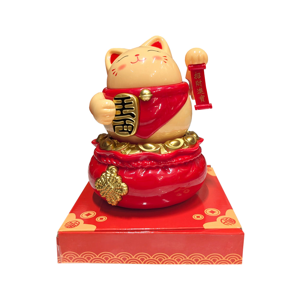 Solar Power Lucky Cat on Bag of Ingots and Pedestal - Light Brown