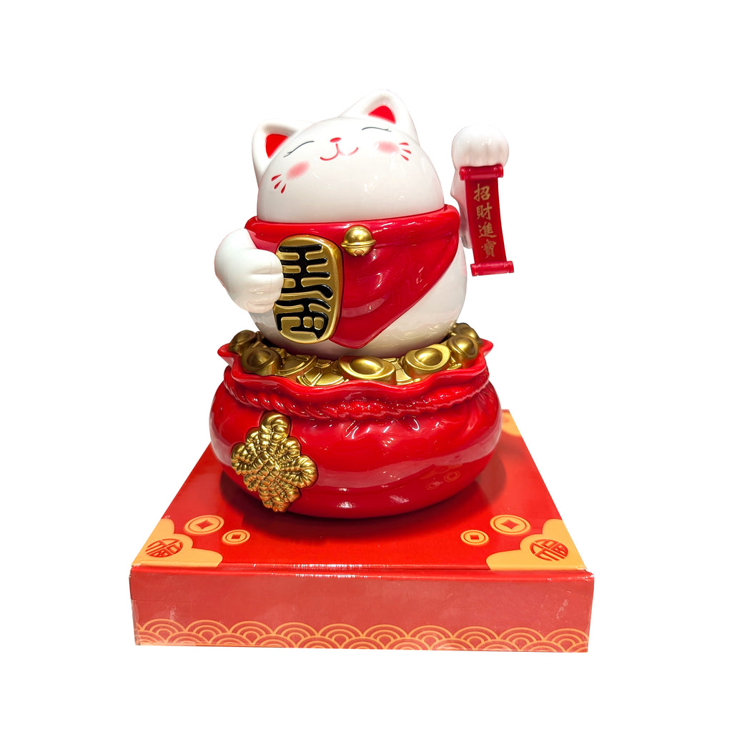 Solar Power Lucky Cat on Bag of Ingots and Pedestal - White