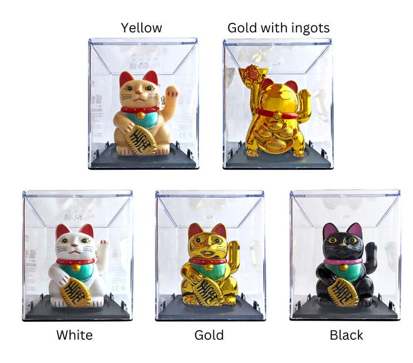 Waving Solar-Powered Lucky Cat Figurine in Clear Case - Assorted