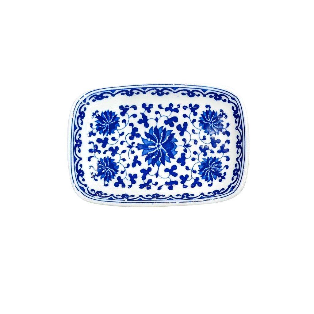 Blue on White Rectangular Sauce Dish - Peony