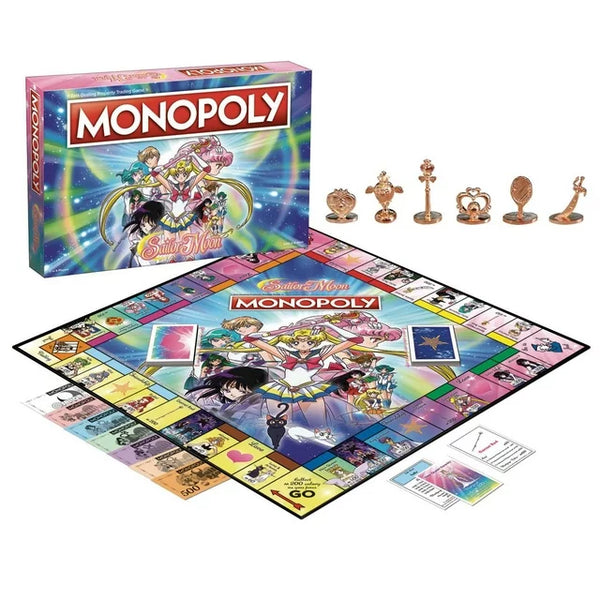 Monopoly Sailor Moon box alongside the monopoly board game set up