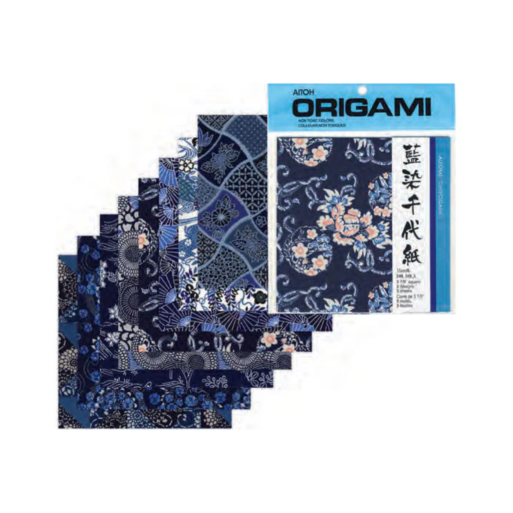 Aizome Chiyogami - Indigo Floral  Pattern Origami Paper - 6" x 6"