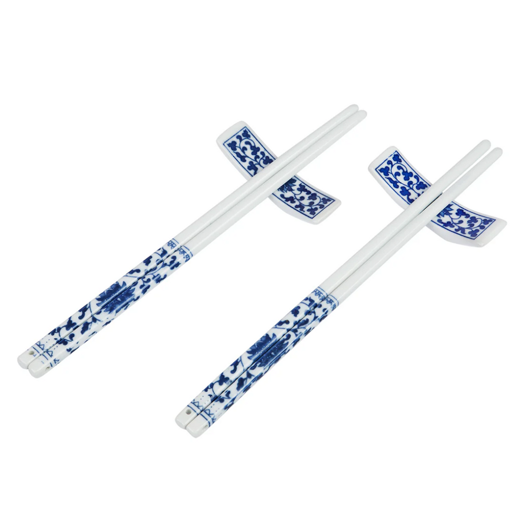 Porcelain Chopsticks and Rests Set - Blue Floral