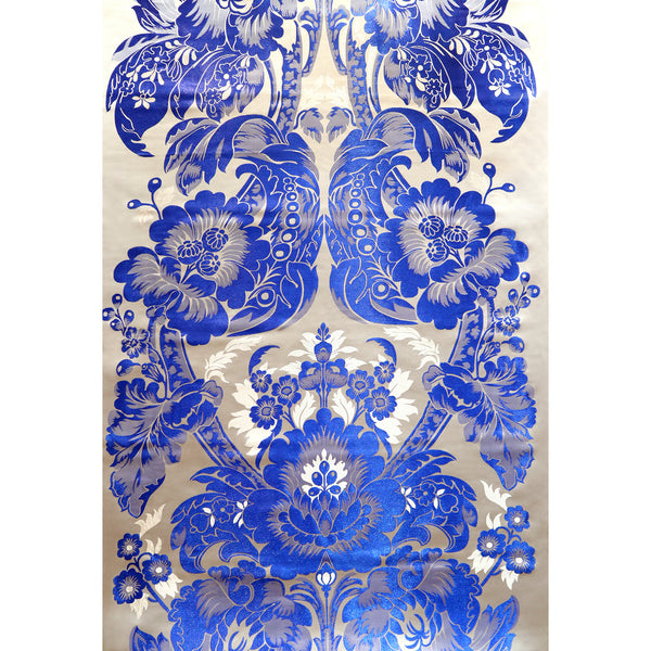 Blue on Silver Floral Design Brocade Fabric