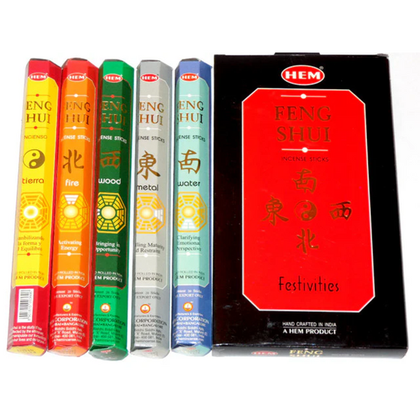 feng shui incense stick gift set. Inside are five elemental incense packs. From left to right, they are Tierra, fire, wood, metal and water