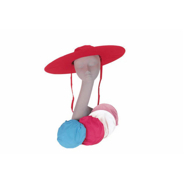 foldable cotton sun hat-Pink, Paste Coral and Peach colored sun hats folded and placed next to mannequin's head