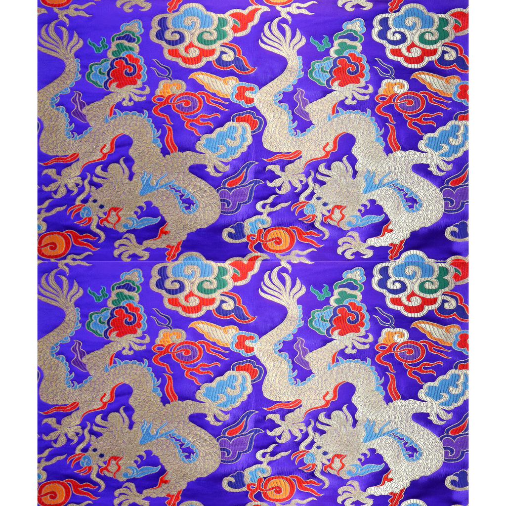 Golden Dragon on Colorful Cloud Brocade Fabric - Blue