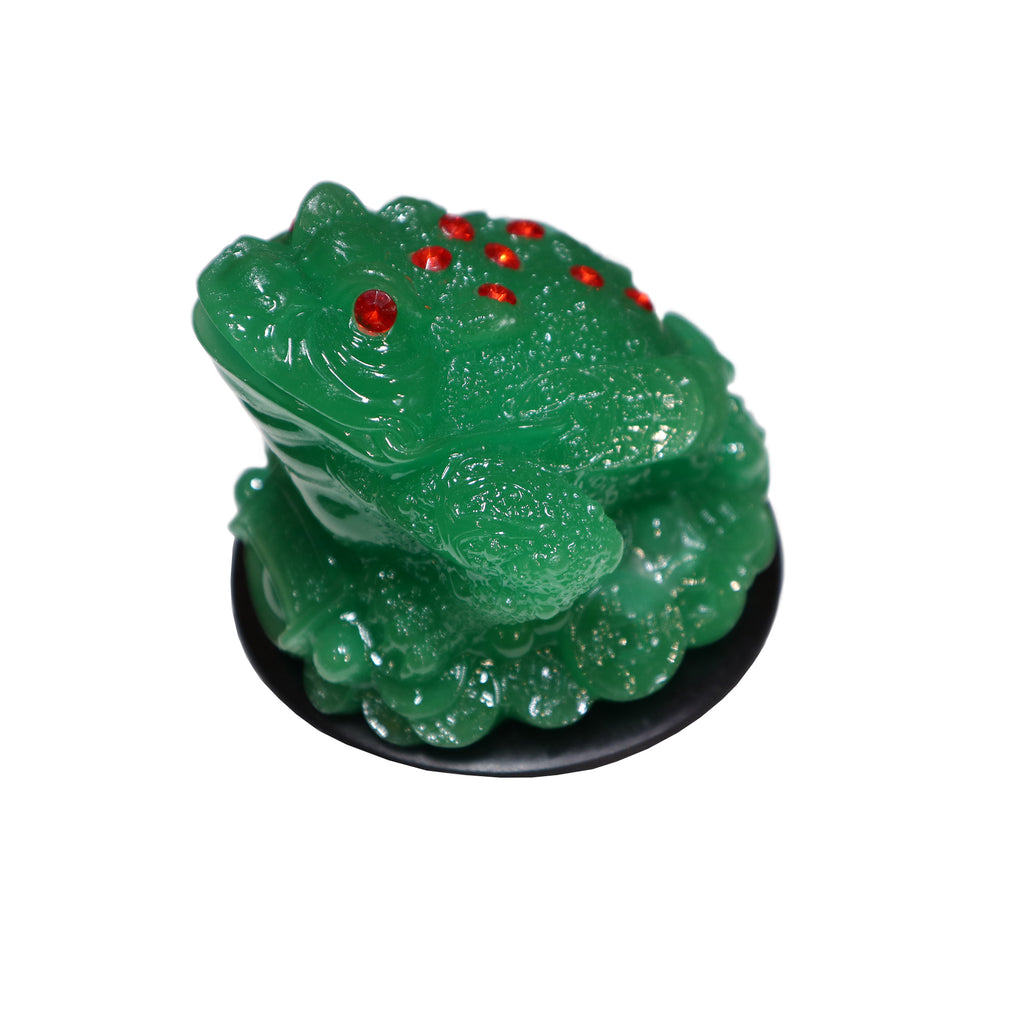 Jade Color Money Toad with Ruby-Colored Eyes and Lucky Coin on Stand