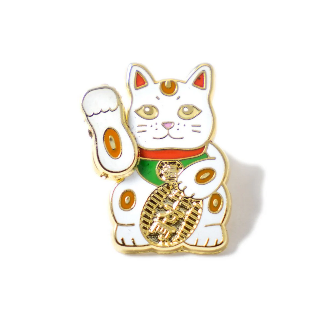 Waving Lucky Cat Pin - White