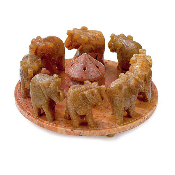 Soapstone incense burner- 8 elephants