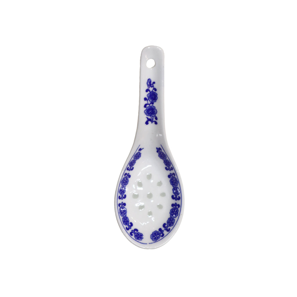 Blue on White Floral Edge Ceramic Spoon with Ling Long Pattern