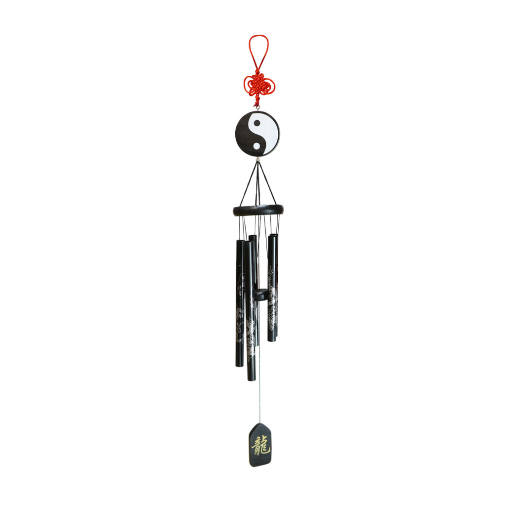 Black Yin Yang Wind Chimes with Black Dragon Character