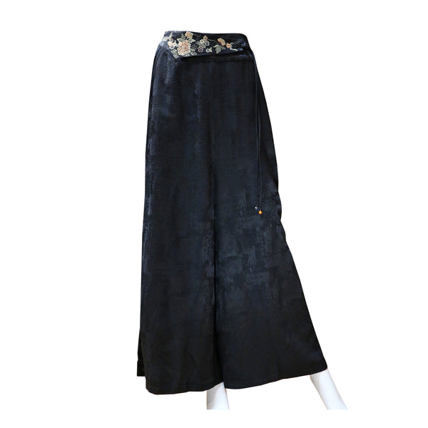 Wide-Leg Pants with Embroidered Floral Waist - Onyx