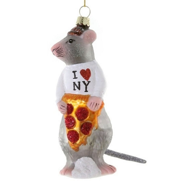 Glass ornament of a rat holding a slice of pizza while wearing a I ♥ NY shirt.