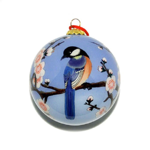 Hand-Painted Glass Ornament, Blue Birds with Pink Cherry Blossoms