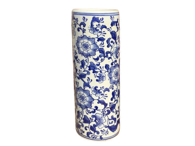 Blue and White Floral Design Cylinder Vase/Umbrella Holder