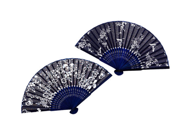 Indigo Batik Fabric Folding Hand Fan with Bamboo Handle